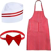 3Pcs 1950s Waiter Costume Kit Red and White Striped Apron Chef Hat Bow Tie Carnival Cosplay Party Outfit