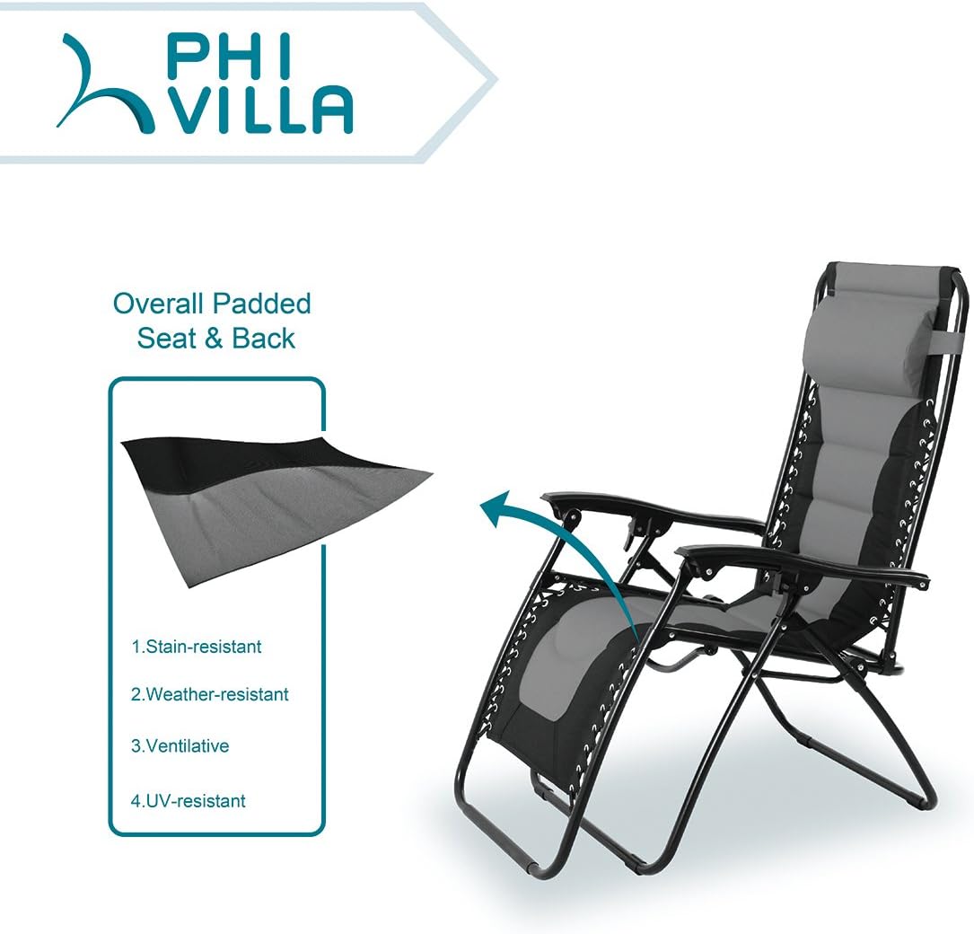 PHI VILLA Padded Zero Gravity Lounge Chair Patio Adjustable Reclining with Cup Holder for Outdoor Yard Porch (Grey) : Garden & Outdoor
