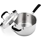 Rorence 3.7 Quart Saucepan with Glass Lid: Stainless Steel Sauce Pan with Two Sides Pour Spout & Riveted Silicone Handles & Build-in Strainer Tempered Glass Cover …