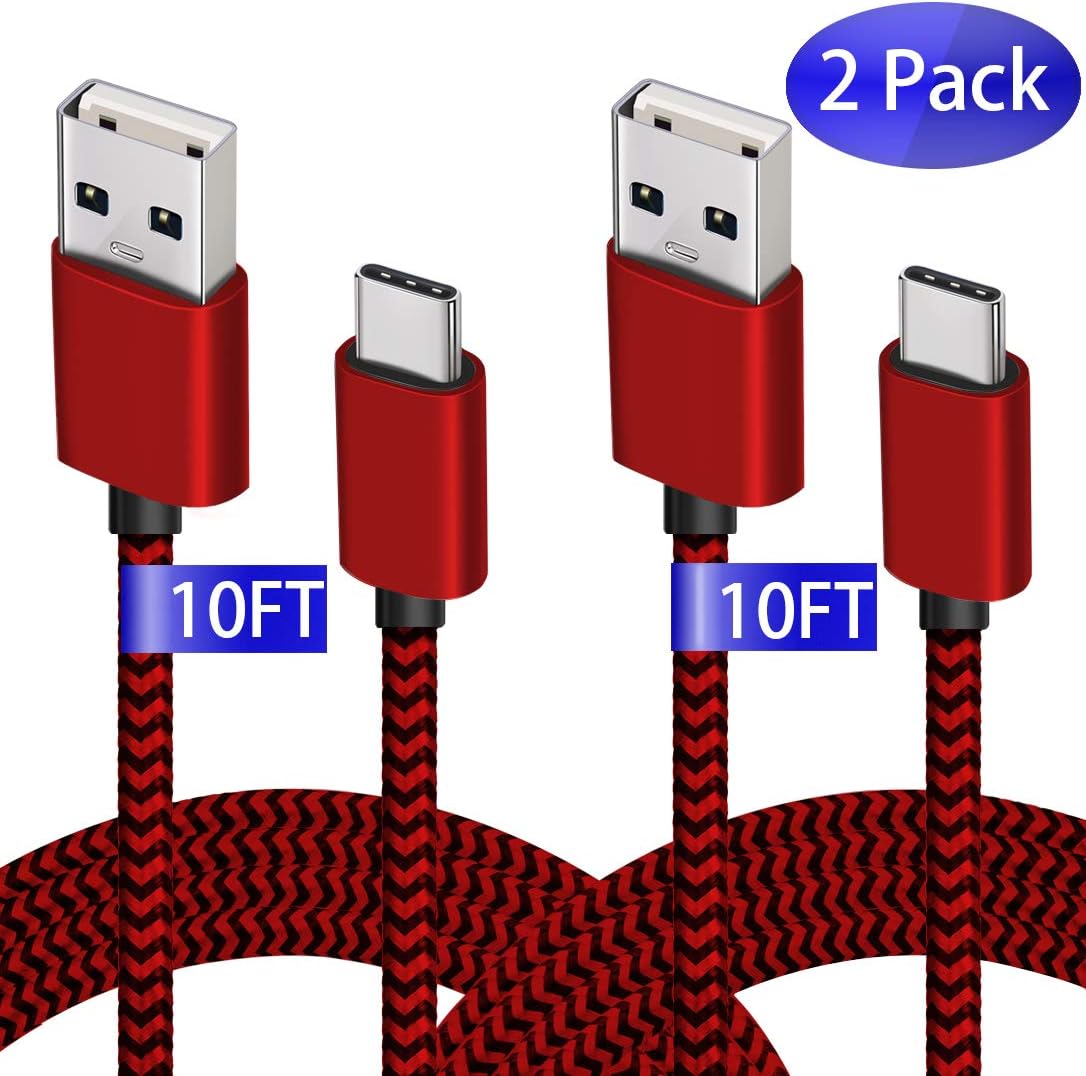 Vancropak USB Type C Cable,USB C to USB A Charger for Huawei P30 Pro(2PACK,10FT),Fast Charger Nylon Braided Type C Charging Cord for Note 9 8 Samsung Galaxy S9 S8, Moto G6 Z2,LG V40 V30 V20 G6(Red)