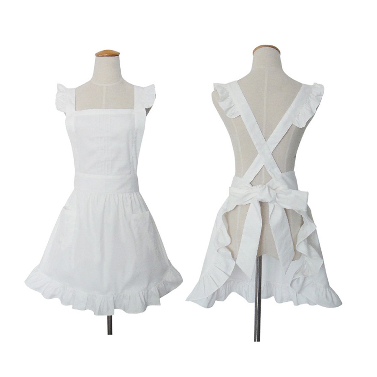 Love Potato Cute White Retro Lady's Aprons for Women's Kitchen Cooking Cleaning Maid Costume with Pockets