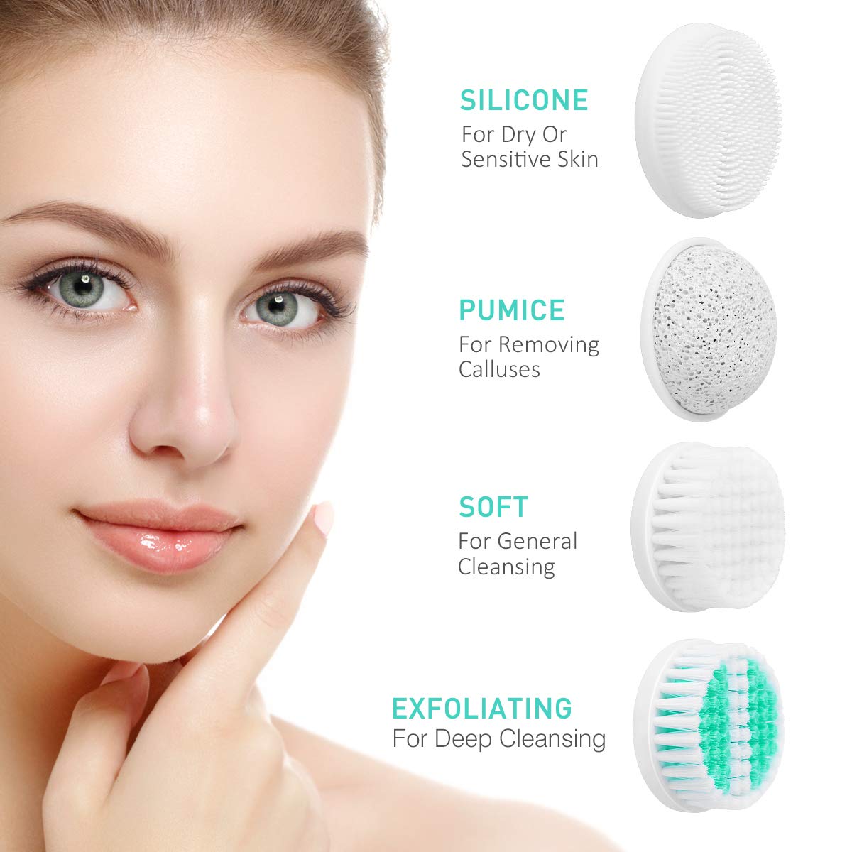 Facial Cleansing Brush,【2021 Upgraded】ETEREAUTY Waterproof Travel Face Brush with 4 Heads & Protective Case, Easy to Carry, Deep Cleansing Gentle Exfoliating for Face and Body, Cyan: Beauty