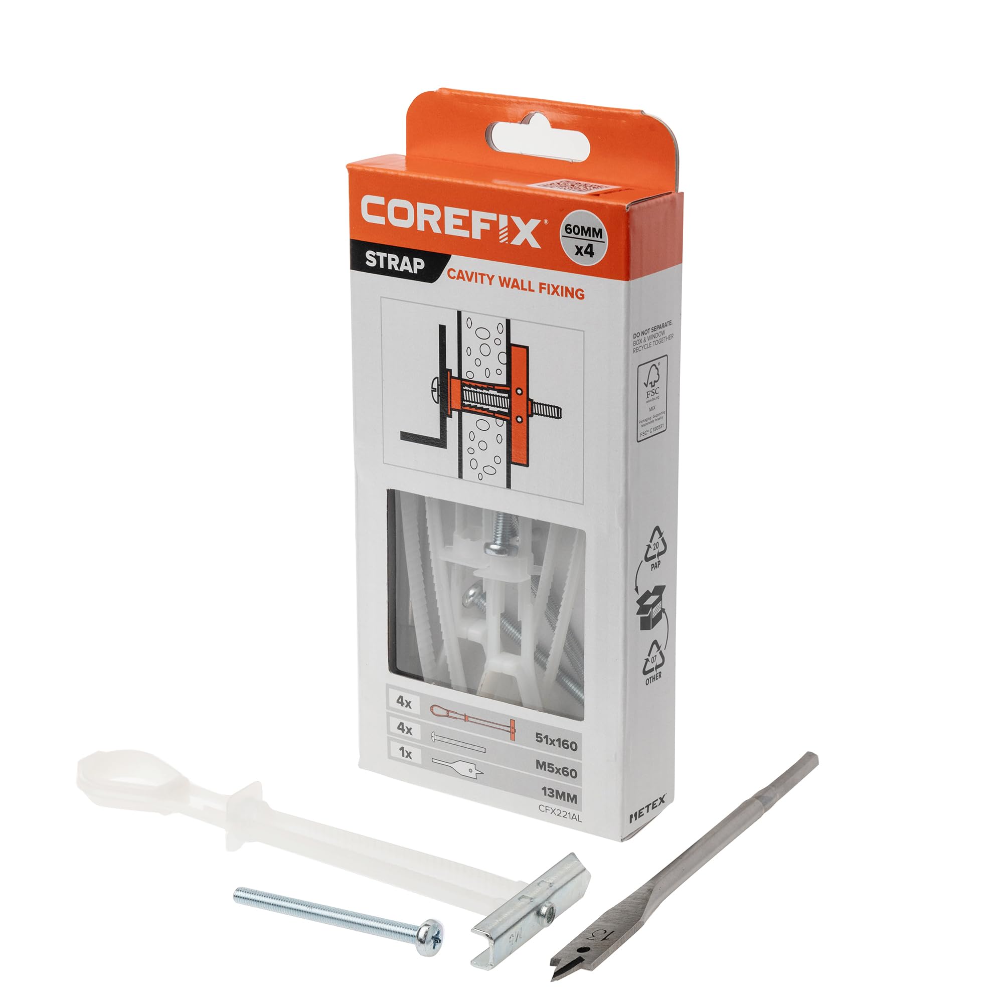 Corefix Strap Cavity Wall Fixing 4 Pack (M5x60mm), Heavy Duty Metal Universal Toggle for Plasterboard, Hollow Brick or Block. Secure Hold, Easy to Install & Adjustable Up to 50mm Deep.