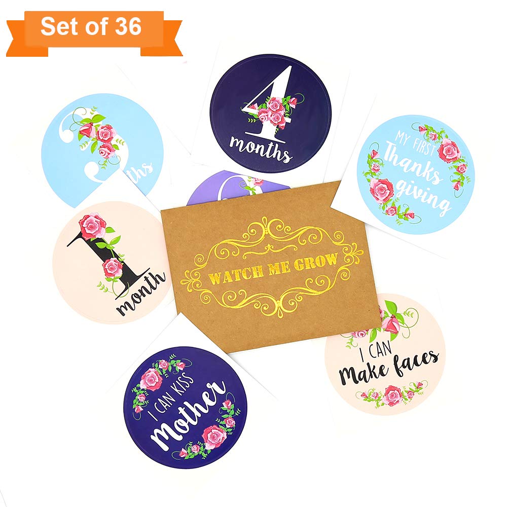HIGO Baby Monthly Milestone Stickers | 36 Pack Floral Baby Growth& Holiday Stickers | Newborn Girl Stickers | Best Baby Shower Gift | Decorative Photograph Prop (36 Pack Floral)