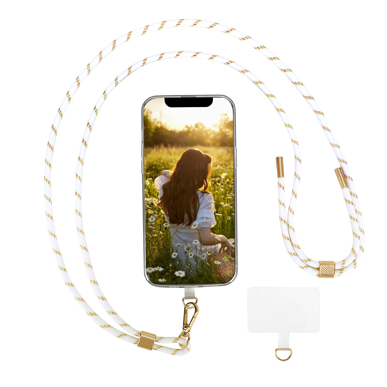 AHABIPERS Phone Lanyard, TPU Phone Patch with Metal Ring, Nylon Crossbody Strap, Adjustable Cell Phone Charm, Compatible with Universal Smart Phone Cases - White