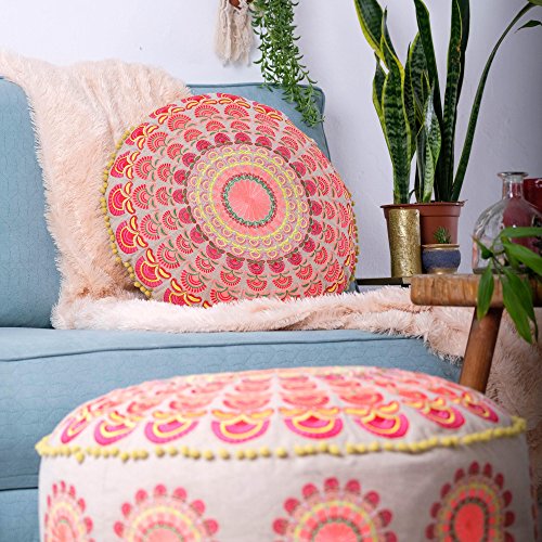 Mandala Life ART Bohemian Yoga Decor Pouf Ottoman - 24x8 inches - Stuffed with Premium Filler - Round Red Mediation Pillow - Cotton Floor Cushion