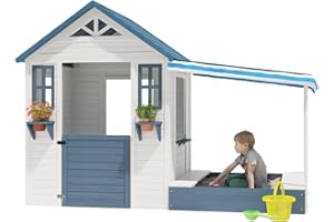 BIRASIL Kids Playhouse with Sandbox, Wooden Outdoor Cottage Play House with Sand Pit for Backyard Garden Ages 3 to 10 Years Old (Blue/White)