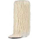 USRUNOE Fur Boots for Women Knee High Foldover Boots with Detachable Long Fur, Pointed Toe Stiletto High Heel Tall Furry Boots