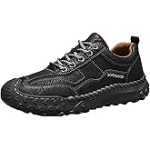 XDFVC Mens Leather Handmade Shoes Stitching Casual Retro Round Toe Lace Up Loafers Breathable Fashion Low Top Ankle Boots Slip On Chukka Booties Outdoor Hiking Camping & Driving Shoes