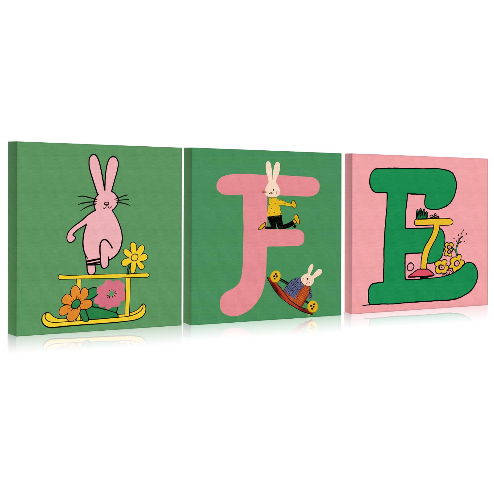 JBER Set of 3 Canvas Wall Art, Modern Poster Prints for Walls, Bedroom Living Room Wall Table Decoration, Beautiful Gift, Framed, 30 x 30 cm (PinkRabbit)