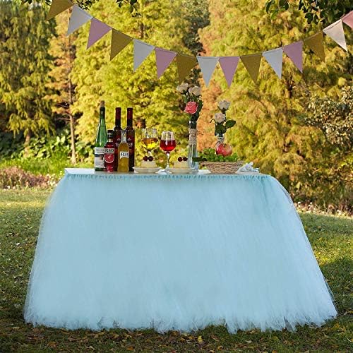 N &T NIETING Improved Handmade Blue Tutu Tulle Table Skirt Cover Mesh Fluffy Table Skirt for Girl Princess Birthday Party Baby Showers Weddings Holiday Parties Home Decoration,47"-60" Long 32" High