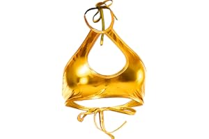 Yevin Shiny Metallic Rave Tops for Women Sexy Wet Look Leather Bra Halter Strap Outfit Crop Tops