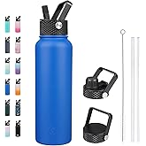 BJPKPK Insulated Water Bottles with Straw Lid, 40oz Stainless Steel Metal Water Bottle with 3 Lids, Reusable Thermo, Keep Cold Hot for Sports, Gym-Sapphire