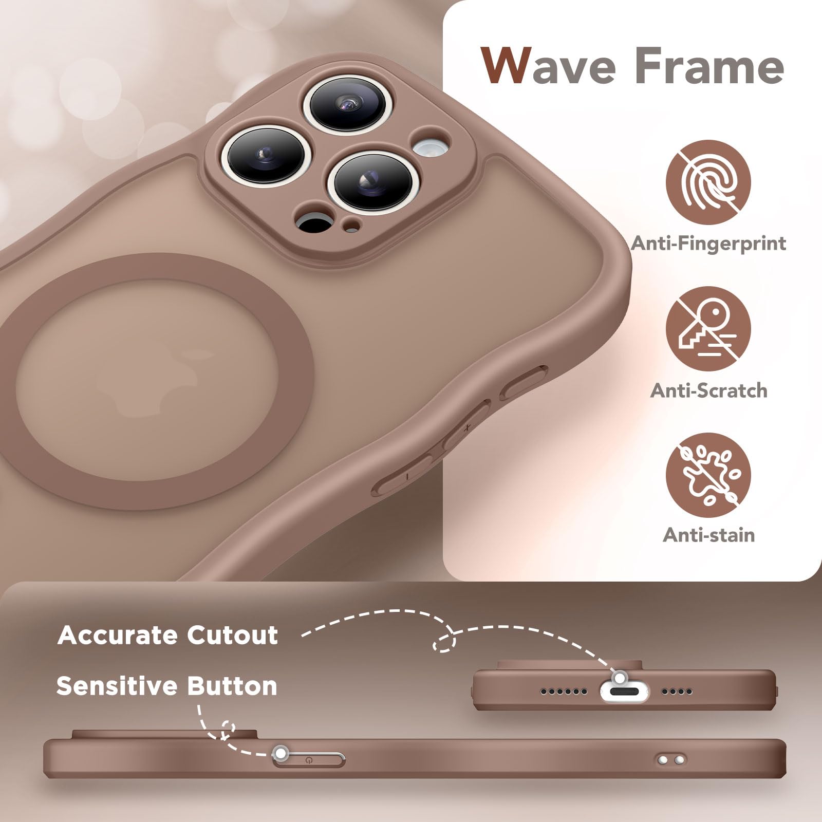 CAPRARO Cute for iPhone 15 Pro Max Case, Compatible with MagSafe, [Curly Wave Edge] [Full Camera Protection] [14 FT Drop Shockproof Protection] Magnetic Phone Case for 15 Pro Max 6.7 Inch, Brown