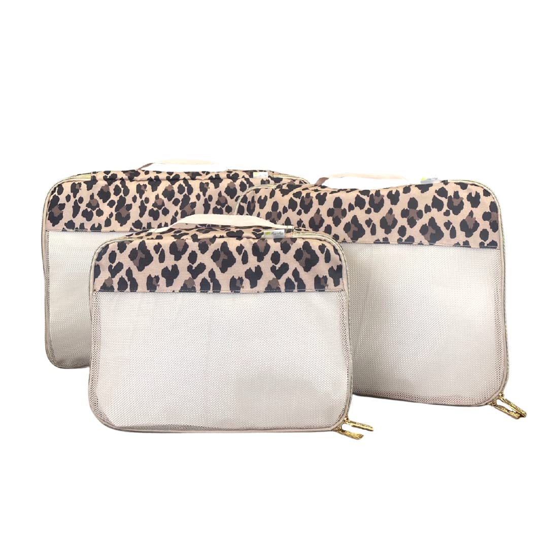 Itzy Ritzy Packing Cubes for Travel – Set of 3 Large Packing Cubes or Travel Organizers; Each Cube Features a Mesh Top, Double Zippers and a Fabric Handle; Large Sizes (Leopard)