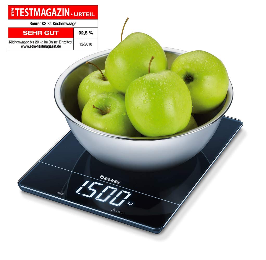 Beurer KS 34 Kitchen Scales for Precise Weighing up to 15 kg with Tare Weighing Function and Magic LED Display