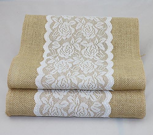 Natural Burlap Table Runner with Lace Wedding Decor Rustic Shabby Chic Hessian Jute Outdoor Party Between (Length: 74")
