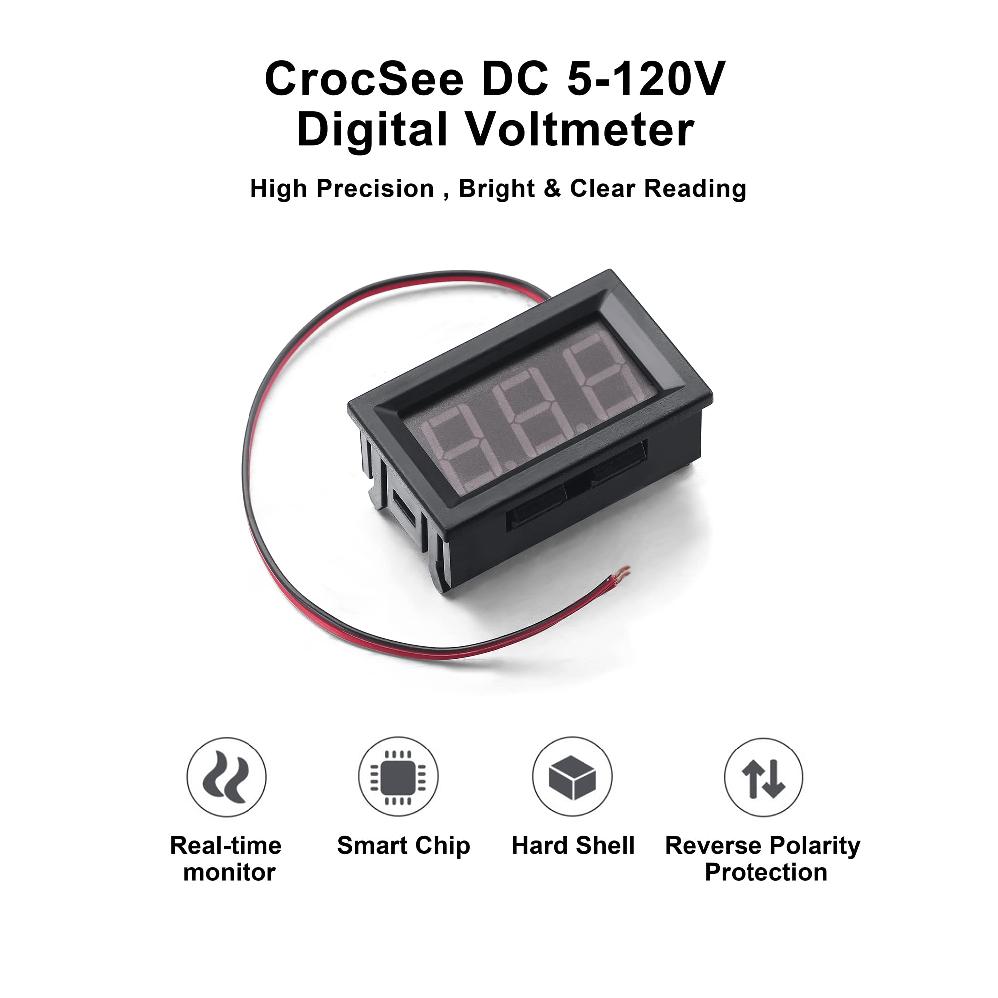 CrocSee 2Pack DC 5-120V Mini Voltmeter Blue LED Digital Display Panel Voltage Meter, 2-Wire, 0.56 Inch, for Motorcycle Battery Monitor