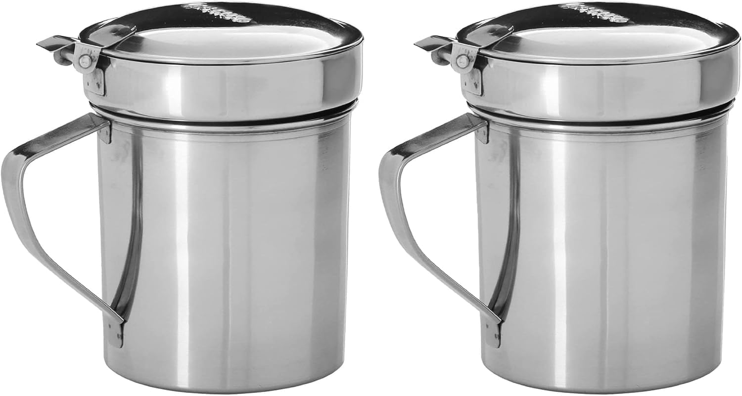 Space Home - Set of 2 Oil Storage Grease Keeper - Grease Container with Stainless Steel Strainer - Meat & Fish Oil Strainer Container Set - 0.7 L