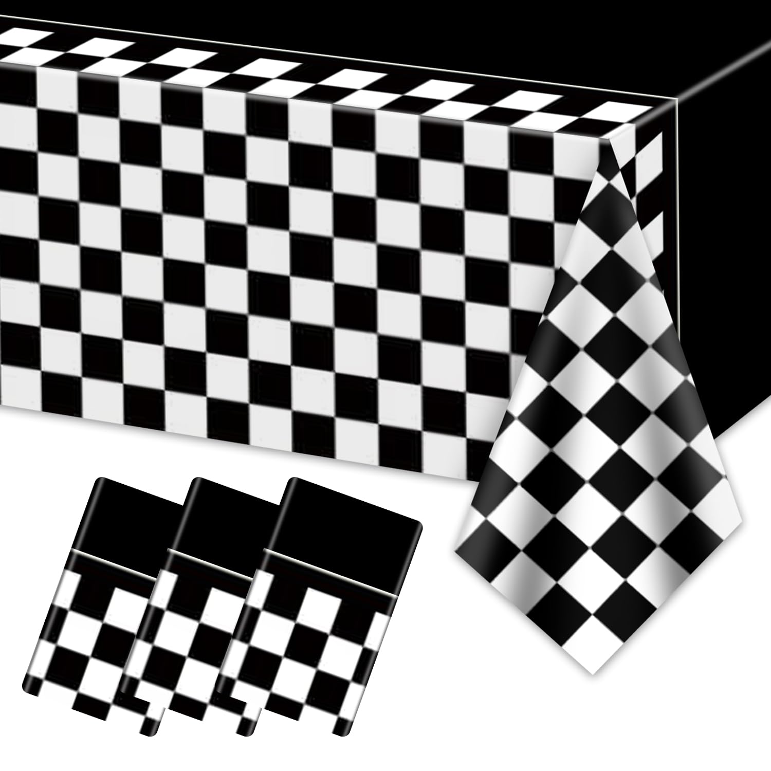 PIXHOTUL 4 Pcs Racing Car Tablecloths, Race Car Birthday Party Decorations Black Checkered Plastic Table Cover Table Runner for Kid Boy Birthday Race Car Theme Party, 220 x 130 cm