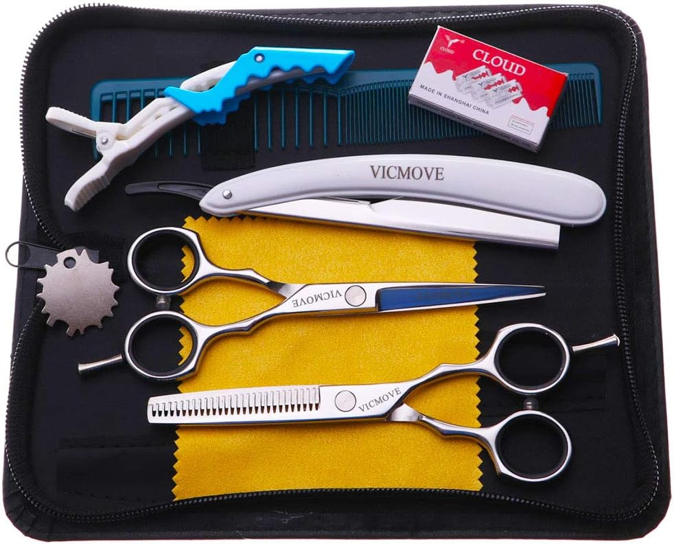 Hair Cutting Shears, 5.5" Professional Stainless Barber Scissors Set for Hairdressing, Thinning, Texturizing, Salon or Home Use - Flat Shears, Tooth Shears, Comb & Hair Clip Included(Silver)