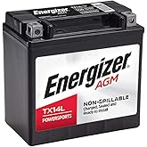 Energizer TX14L AGM Motorcycle 12V Battery, 200 Cold Cranking Amps and 12 Ahr. Replaces: YTX14L-BS and others, Black