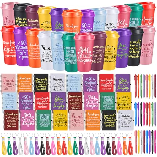 Skylety 24 Set Employee Appreciation Gifts Bulk Thank You Inspirational Gift Set 16 oz Coffee Cups with Thank You Notebook Pen Keychain for Staff Team Teacher Coworker Friend (Classic Color)