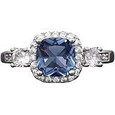 Psiroy 925 Sterling Silver Plated Cushion Cut Blue Cubic Zirconia CZ Halo Wedding Band Ring Engagement Ring for Women