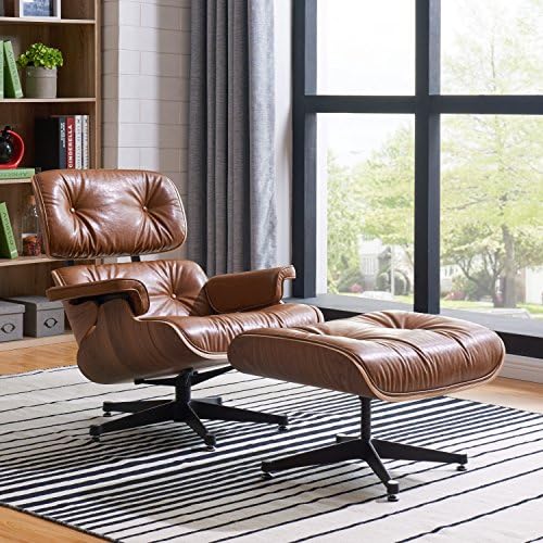 New Pacific Direct Grayson PU Leather Lounge Chair and Ottoman, Bent Wood Walnut Veneer Frame, Distressed Caramel