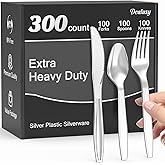 Dealusy 300 Count Extra Heavy Duty Silver Plastic Silverware, 100 Forks, 100 Spoons, 100 Knives, BPA-Free, Heat Resistant, Disposable Plastic Utensils Set, Plastic Cutlery Set, Plasticware Bulk