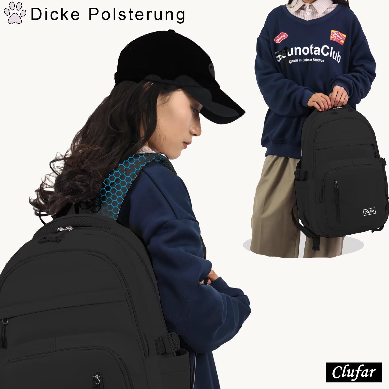 Clufar Schulrucksack Teenager Jungen Schwarz Leicht Schulranzen Jungen 5 Klasse Wasserdicht Multi-Tasche Schultasche Mädchen Laptop Rucksack Schule Schoolbag Komfortabel Backpack Black 2