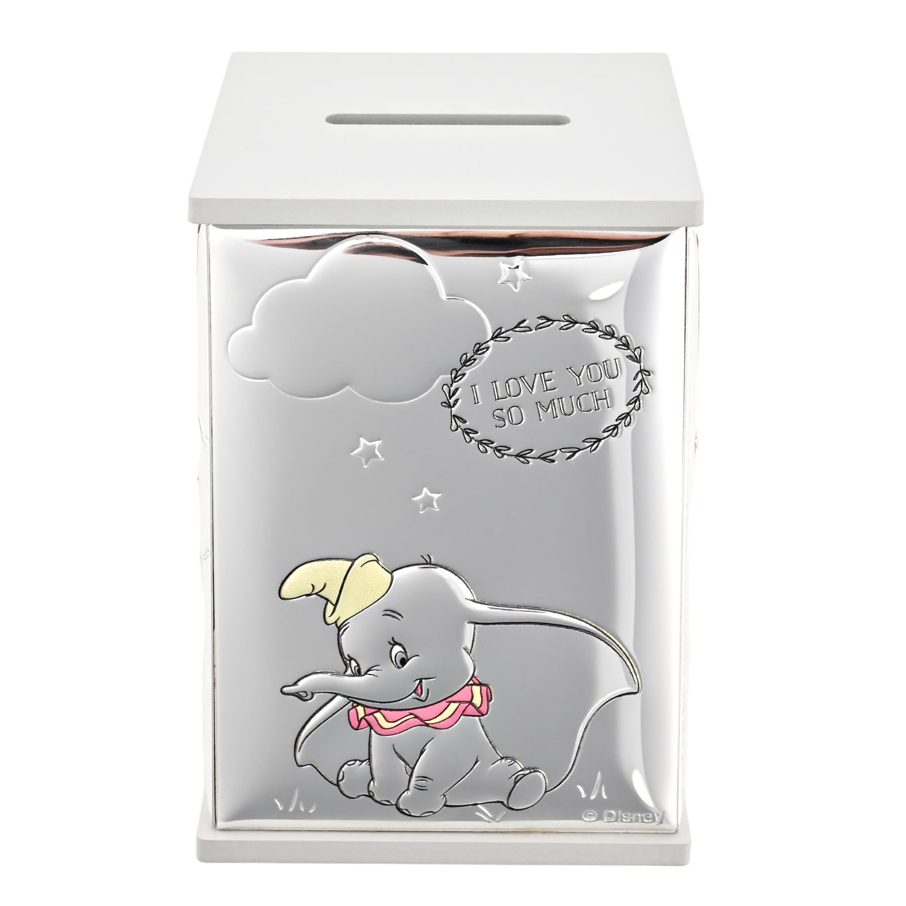 Disney – Dumbo – Real Silver Plated Money Savings Box – Made in Italy – Officially Licensed Disney Merchandise – Homeware for Cash, Early Years, Adults, Nursery, Kids Bedroom. H: 11 x W: 8 x D: 8 cm.