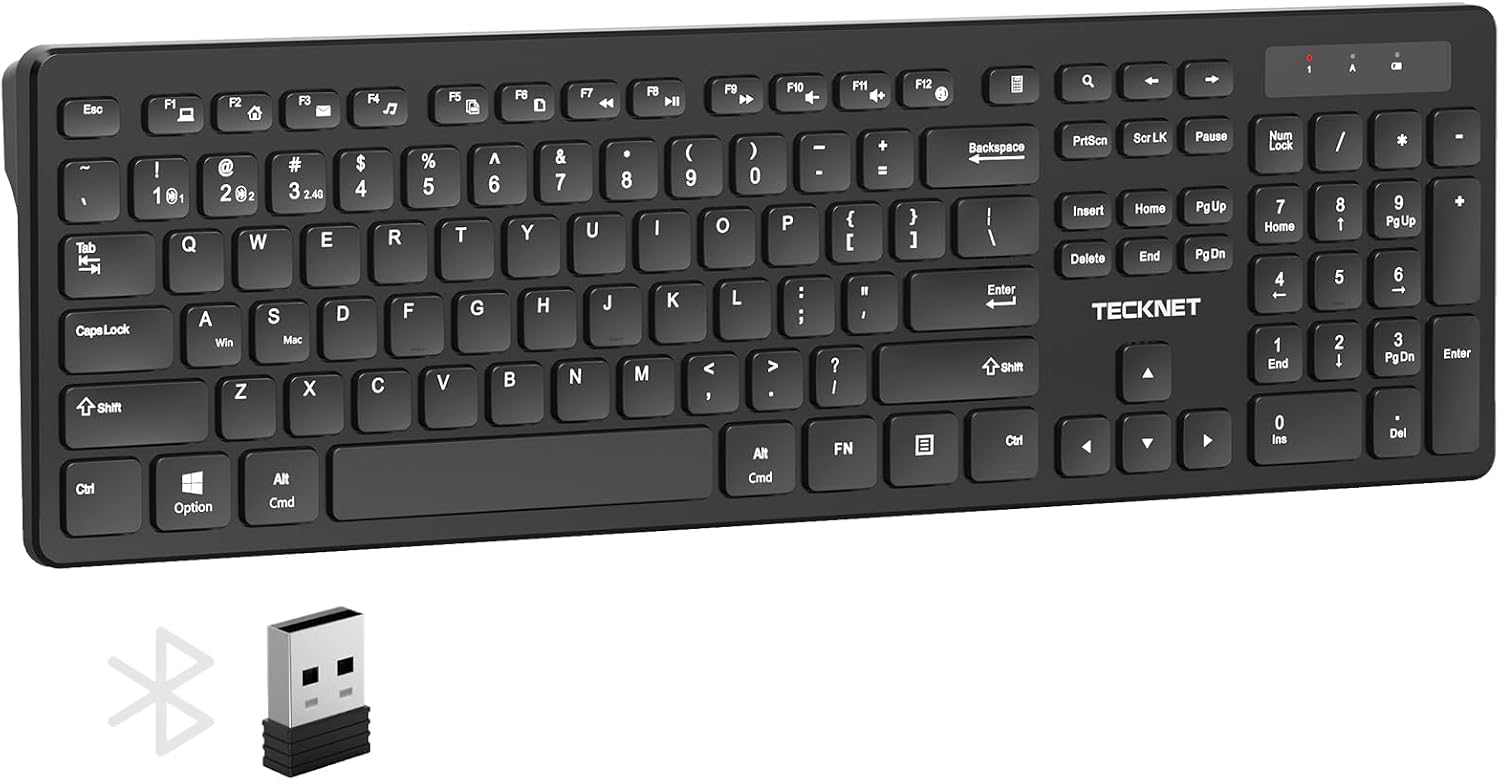 TECKNET Wireless Keyboards, Support 2.4G USB and Bluetooth - Full Size Computer Keyboards with Number Pad, Multi Device for PC, Desktop, Laptop, Tablet, 105 Days Standby Time, Black