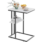 Katrawu C Shaped End Side Table, Couch Sofa Table for Small Space, Black Snack Table with Metal Frame, TV Tray Table for Bed, Living Room, Bedroom, Bedside(White Marble)