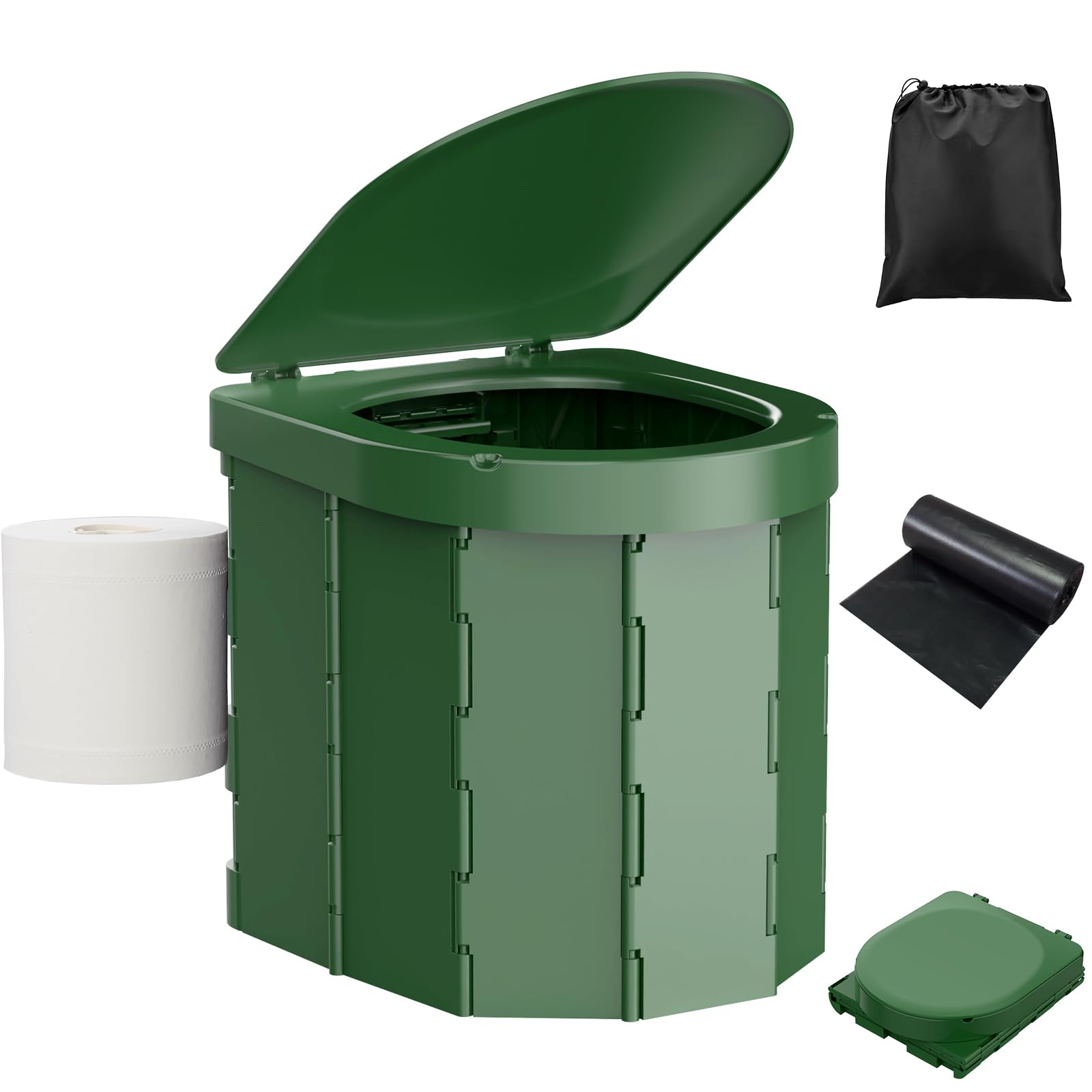WADEO Upgraded Camping Toilet, [Green - Blends with Nature] Portable WC with Lid & Toilet Roll Holder, Perfect for Travel, Camping, Car