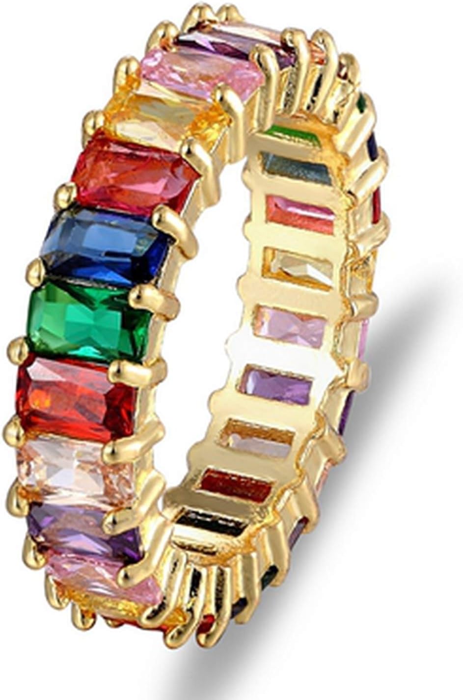 Sevennights Rainbow Baguette Cubic Zirconia CZ Gold Filled Engagement Band Ring for Women Female Jewelry