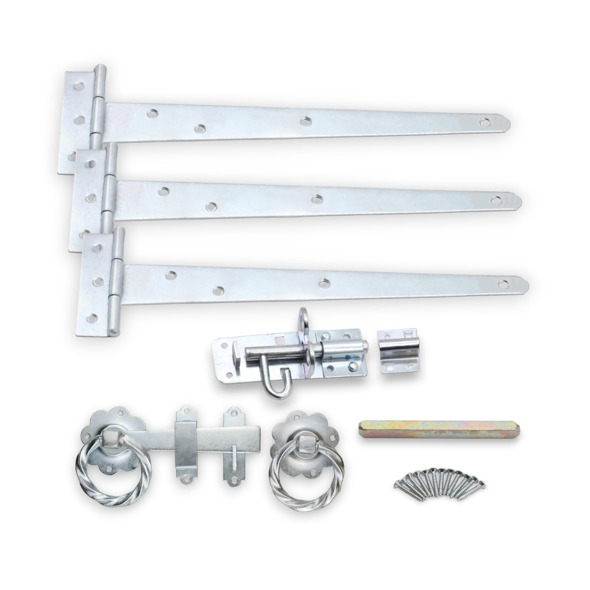 Infinity Decor Garden Gate Fitting Kit in Zinc for Wooden Garden Gate, Shed, Barn for External Use - 3x10” 250mm Tee Hinges, 1x6”Twisted Ring Latch & 1x4 Brenton Bolt in Premium Quality