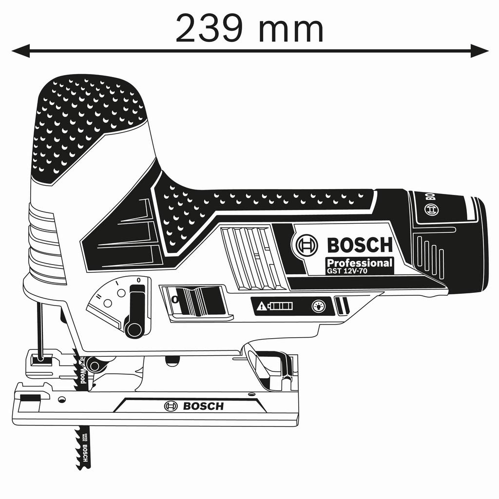 Bosch Professional 12V System Akku Stichsäge GST 12V-70 (Schnitttiefe in Holz: 70mm, inkl. 2x Sägeblatt, Gleitschuh, Spanreißschutz, L-BOXX, ohne Akku/ Ladegerät) 3