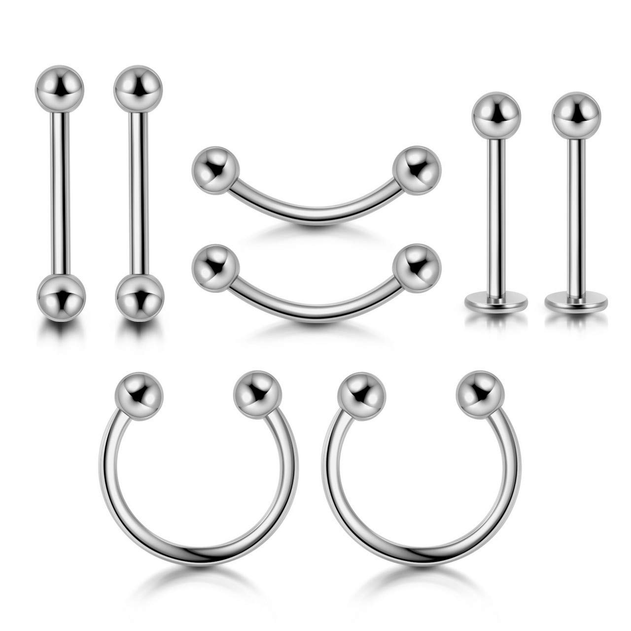 6/8 Pcs Pairs Body Piercing Jewellery Set 316L Surgical Steel Nose Ring Horseshoe Ear Lips Nipples Eyebrows Lip Tongue Helix Tragus Cartilage Earrings Studs Navel Barbells 16G Titanium