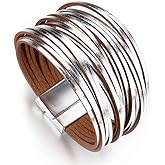 Leather Wrap Bracelets for Women, Boho Leopard Multi-Layer Crystal Beads Cuff Bracelet Jewelry, Gray Leather