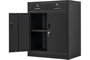 Wanfu Metal Storage Cabinet, 36" H Locking Storage Cabinet with 2 Drawers and Adjustable Shelf, Metal Cabinets for Office, Garage, Home-Black