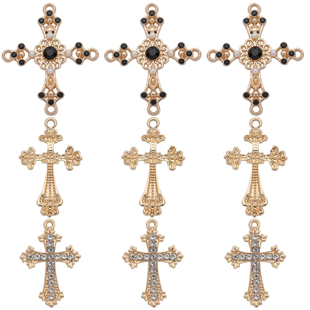SUNNYCLUE 1 Box 24Pcs Cross Charms Baroque Style Golden Alloy Cross Bead Charms Bulk Rhinestone Micro Pave Cubic Zirconia Crucifix Shaped Charm for jewellery Making Charms DIY Necklace Craft Supplies — image 1