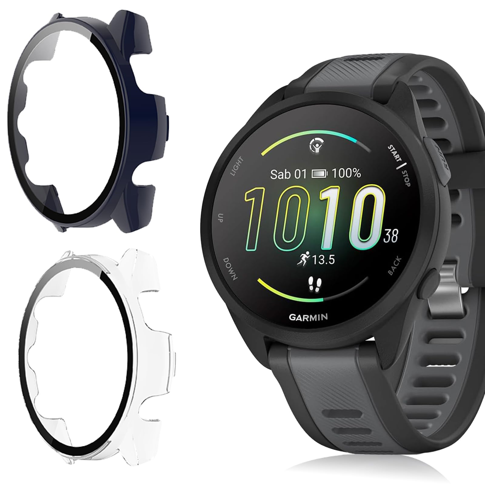 KUSINHOKA [2Pack] Case for Garmin Forerunner 165/165 Music Tempered Glass Screen Protector，PC Hard Case Tempered Glass Screen Protection Cover Slim Full Cover Scratch Proof Protector，Blue+Transparent