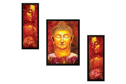 SAF Diwali Gift UV Textured Buddha Print Framed Painting Set of 3 for Home Decoration – Size 35 x 2 x 50 cm PhotoSA7707
