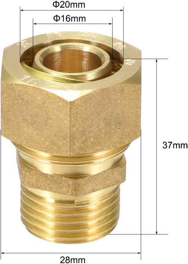 sourcing map Brass Compression Tube Fitting Connector Adapter 20mm Tube OD X 1/2 G Male Gold Tone, Copper,gold, G1/8, 1pcs - Image 3