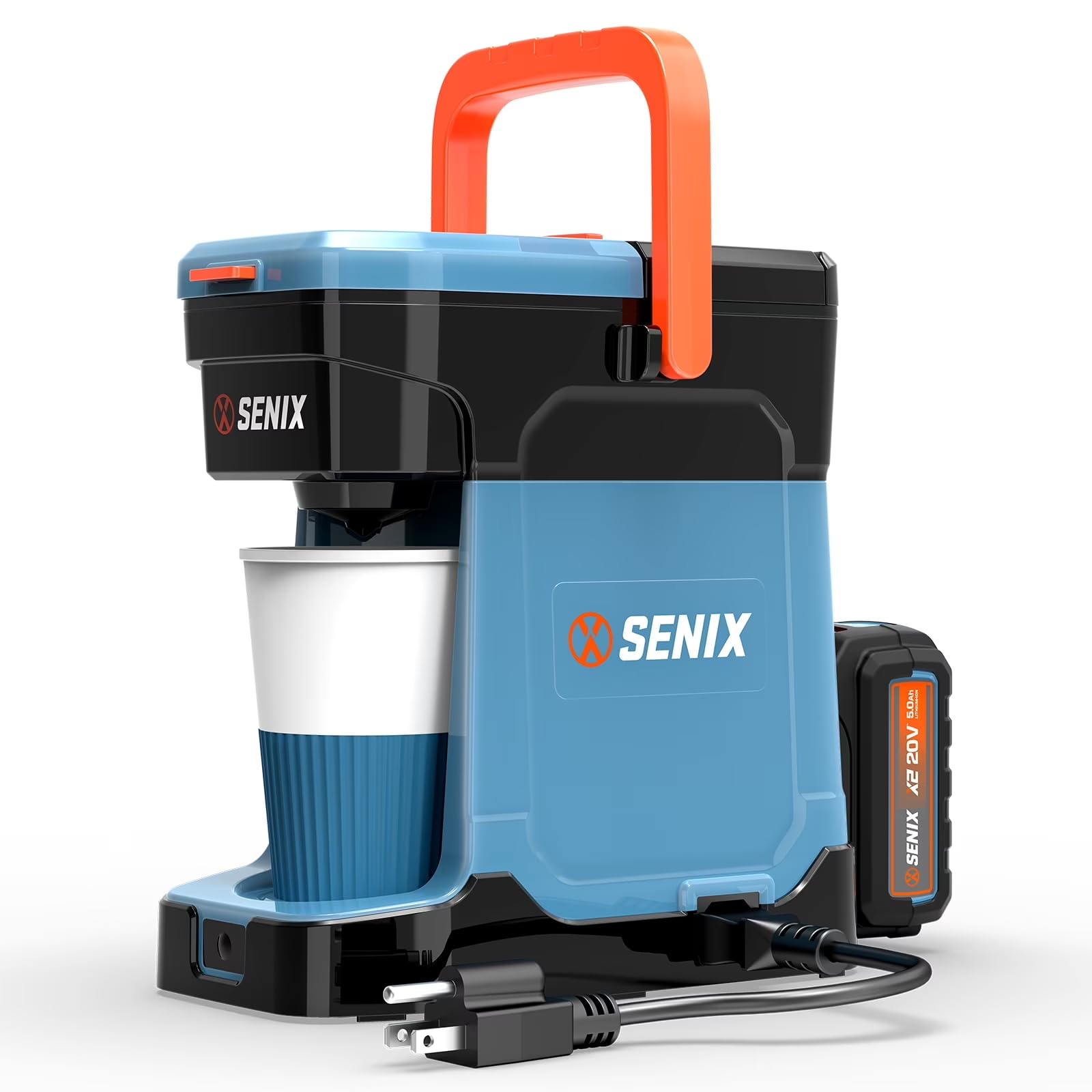 Photo 1 of SENIX Coffee Maker Single Serve, Portable, 2-in-1 20V 5.0 Ah Battery, Charger & Power Cord, Compatible with K-Cups, Ground, Pods, 8oz Brew Size - for Travel, Camping, To-Go, Job Site, Home (CMX2-M4)