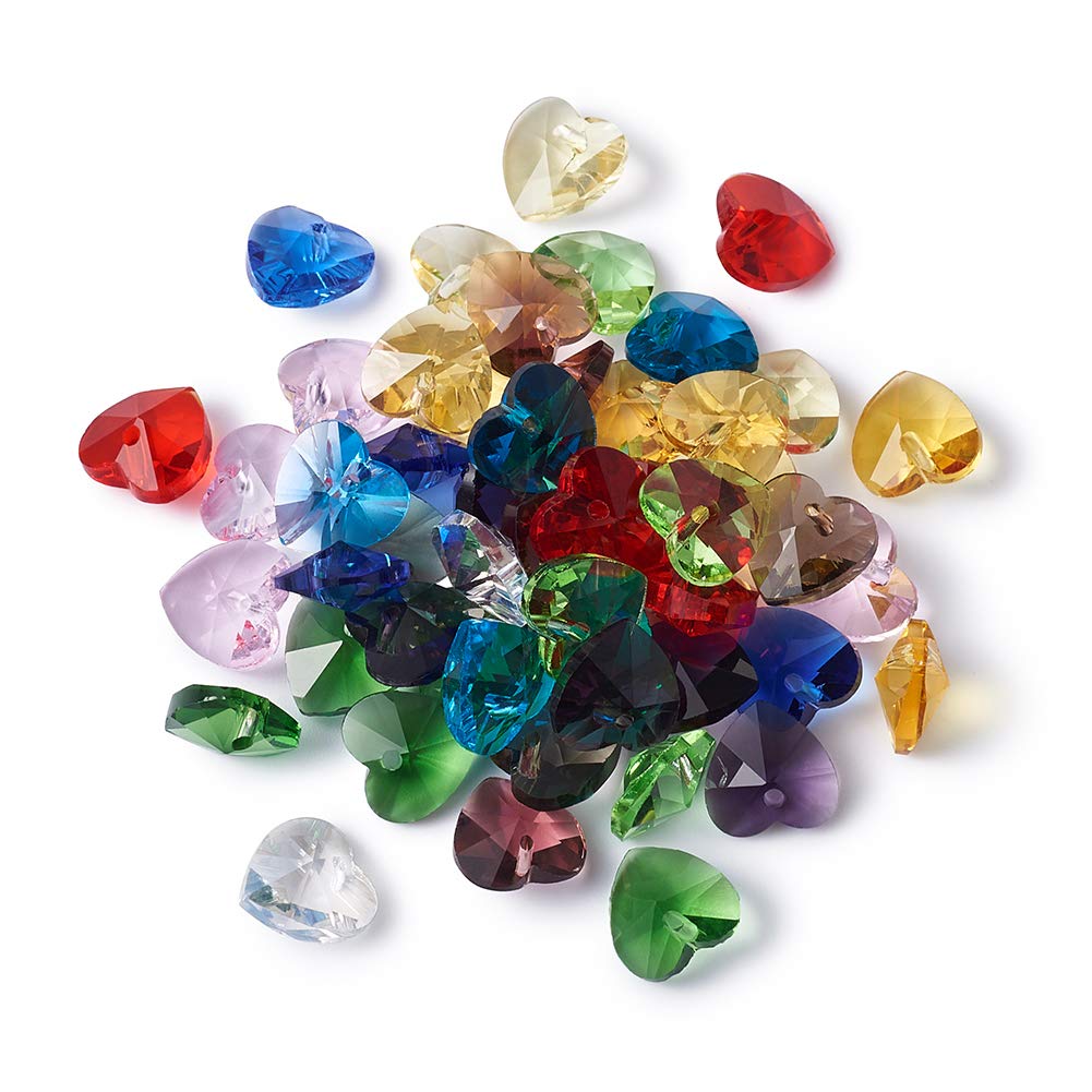 Beadthoven 50pcs Faceted Crystal Heart Beads Charm 10x10x5mm Colorful Glass Love Heart Dangle Pendants Romantic Valentine's Day Ideas for Jewelry Necklaces Making