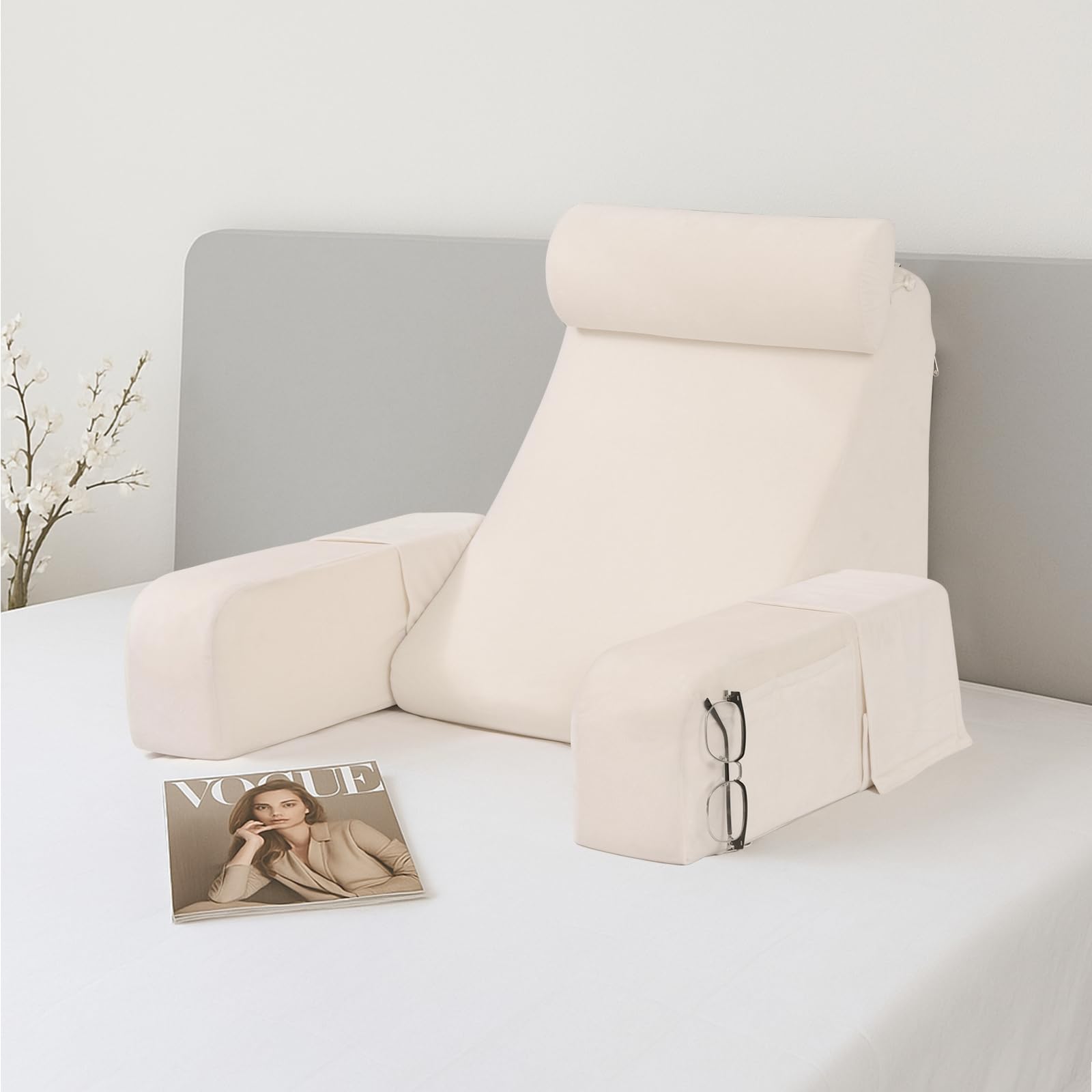 Photo 1 of ENITYA 19" Back Pillow for Bed Sitting up, Big Pockets and Washable Removable Cover, Reading Chair for Watching TV/Reading/Gaming/Resting in Bed, Couch or Floor, Medium(Ivory)