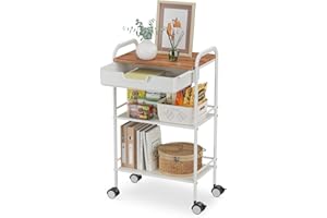 ARATAN 3 Tier Rolling Cart with Drawer, Metal Rolling Storage Cart with Table Top, Modern Utility Cart on Wheels Kitchen Cart Storage Organizer for Bathroom Office Living Room, White