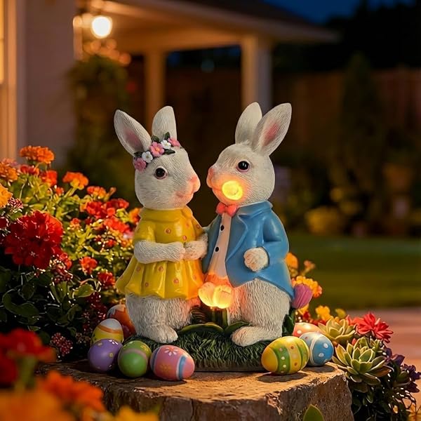 TERESA’S COLLECTIONS EASTER DECORATIONS OUTDOOR WITH SOLAR LIGHTS, 8” LIGHTED EASTER BUNNY DECOR, SPRING EASTER DECOR FOR ENTRYWAY PLANTER MANTEL TABLETOP IDEAL EASTER GIFTS